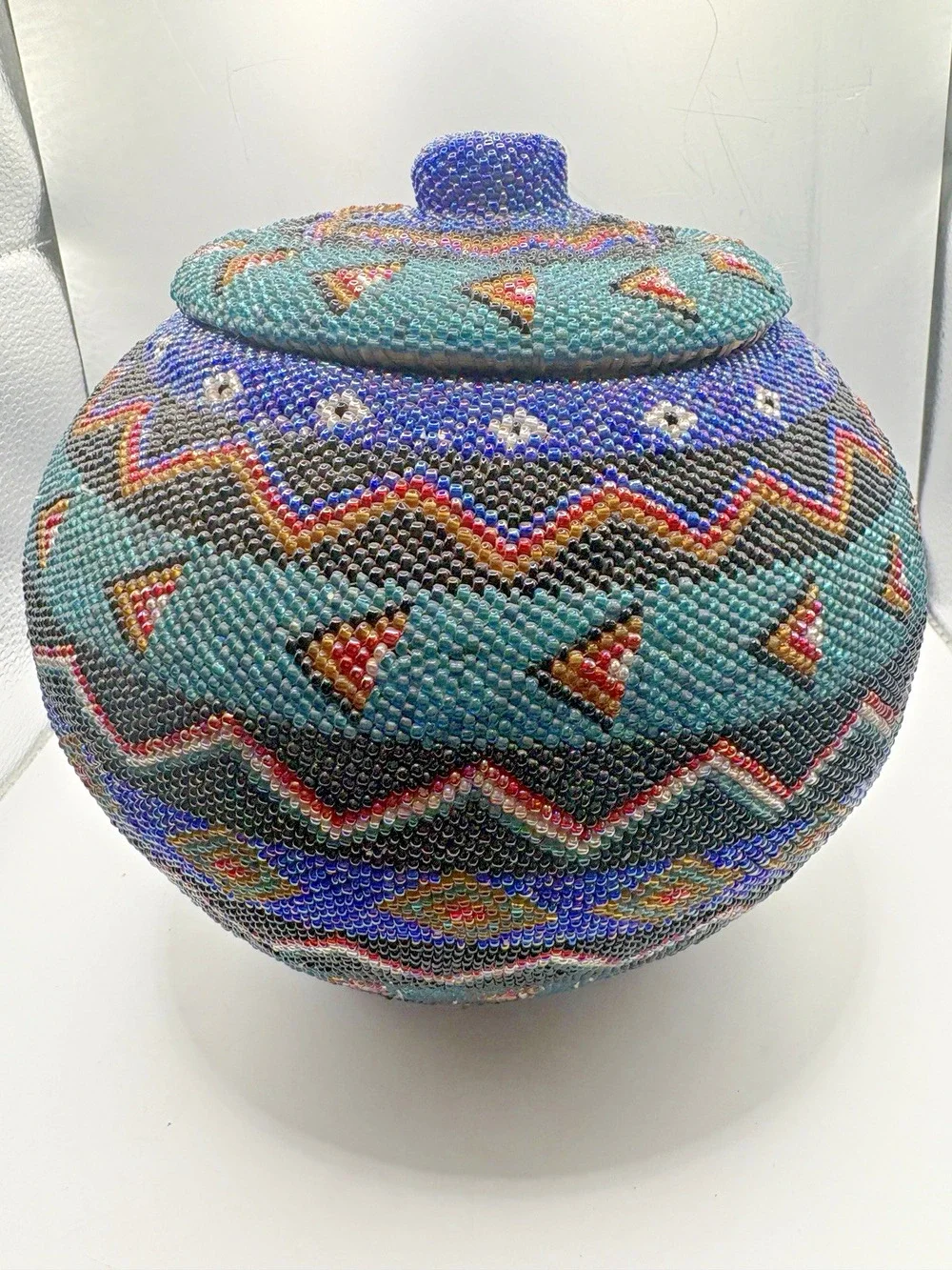 Indonesian Hand Beaded Woven Folk Art Blue Green Geometric Design Basket Lid 7